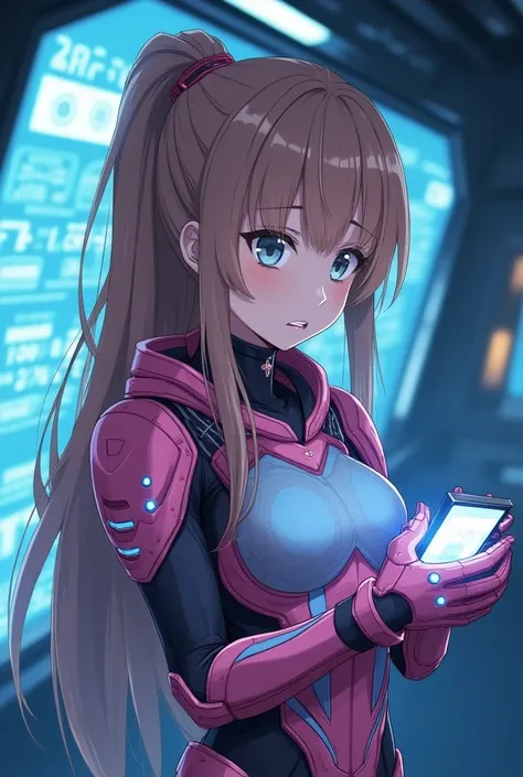 woman,  teenager,  long light brown hair with fringe , silver eyes,  worried expression ,  spaceship wearing extremely futuristic pink and blue armor with lights and LEDs and extremely well detailed. Holographic panel background inside a futuristic . Check...