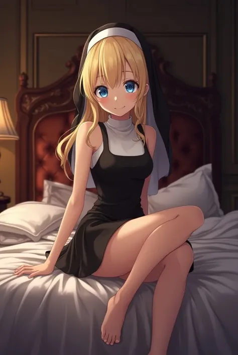 Blonde anime nun in short dresses lying on the bed in a provocative pose 