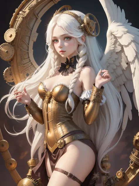 Steampunk beautiful angel girl　long white hair　Fantasy Art Illustration