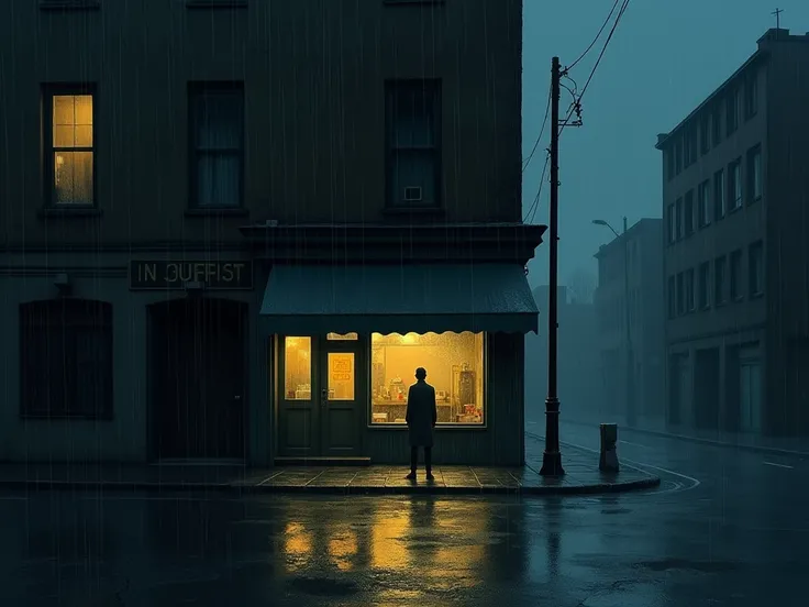 FRONT OF A STORE AT NIGHT IN THE LAST CENTURY OVER THE RAIN IN AN ATMOSPHERE OF MELANCHOLY