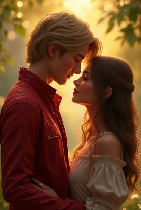  Young man in a red jacket , wavy and golden hair ,  with a young woman with straight brown hair 