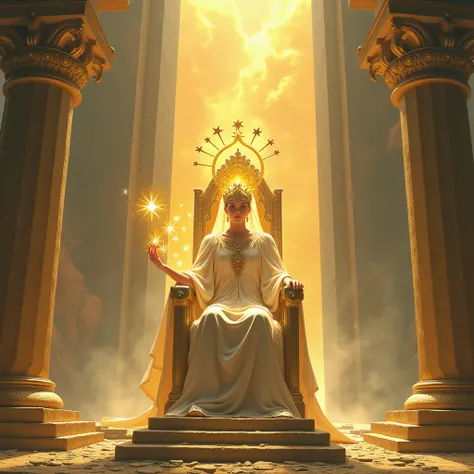 City of gold with a wall of pure jasper with a square with a crystal river with a throne in the center of gold with a divine being seated on that throne with twelve stars in his right hand