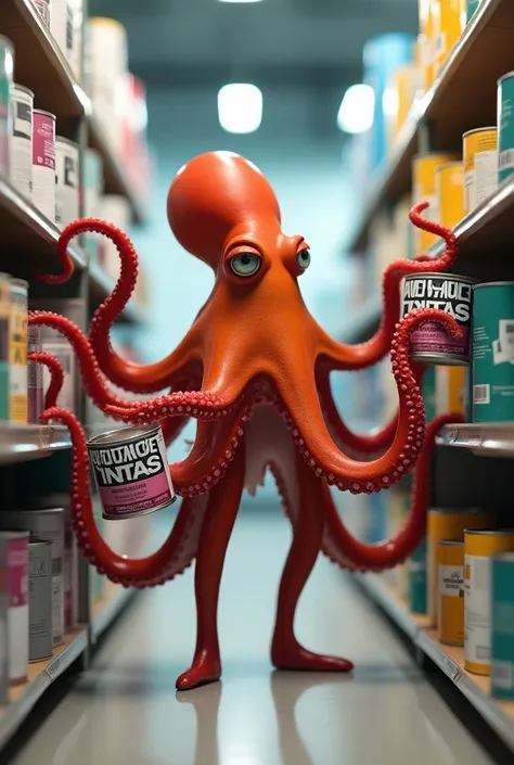 Octopus standing ,  placing paint cans from ADVANCE TINTAS in the grocery cart. He is at the ADVANCE TINTAS 