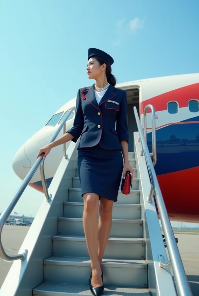 realistic photo of an airline stewardess walking up the stairs of the plane. She wears a classic stewardess uniform, with a matching jacket and skirt in navy blue, with red details. She wears an elegant hat and a pearl necklace.. The scene is set at the ai...