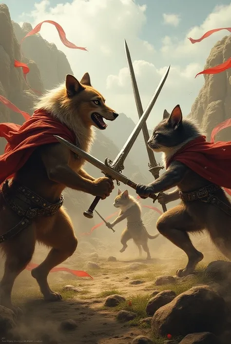 A battle between dogs and cats with swords and shields
