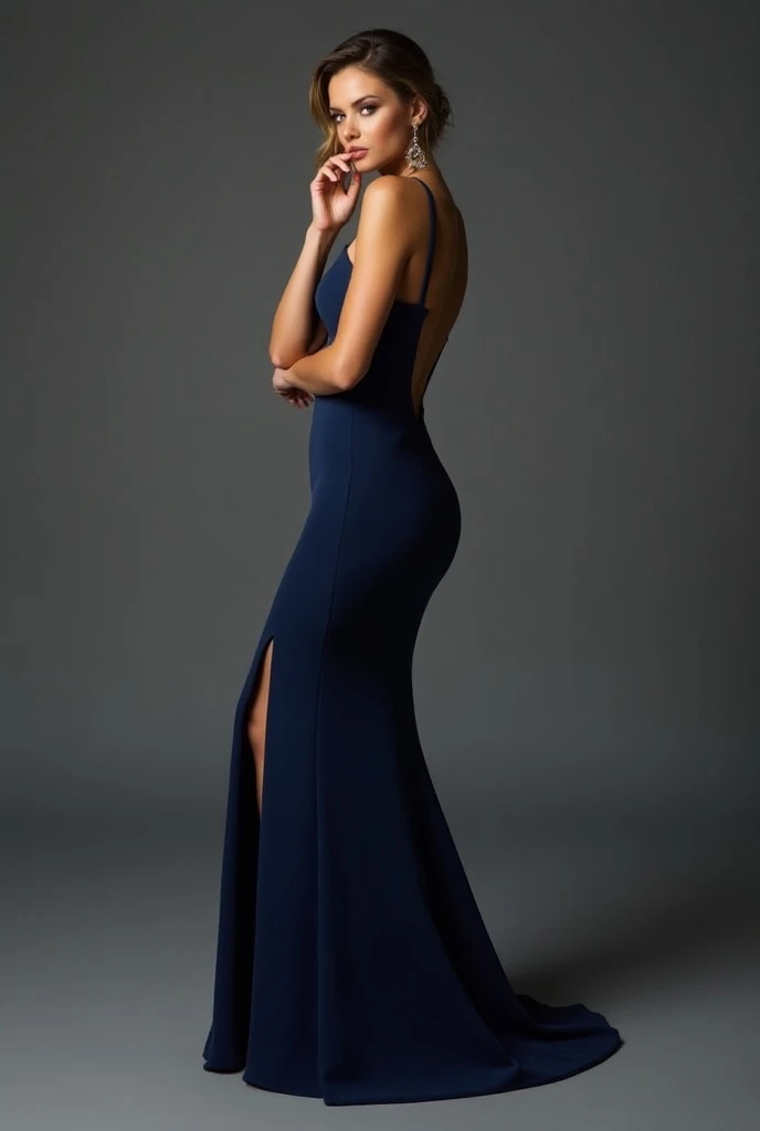 a full length, navy blue dress with spaghetti straps resting on your shoulders, trailing into a tailored silhouette where the fabric clings to every curve. You bite your lower lip, the sweetheart neckline and empire waist fitting so well with your frame. Y...