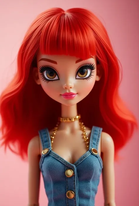 Bratz style doll with red hair and lively bangs with dark brown eyes with jean



