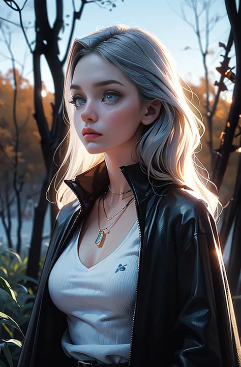 cyberpunk female woman wearing Age: .
Height: Around 1.55m, slender build.
Hair: Long, flowing silver hair with blue streaks, gently swaying in the wind.
Eyes: Deep blue eyes with an intense and slightly sad look, as if shes worried.
Skin: Pale skin with a...