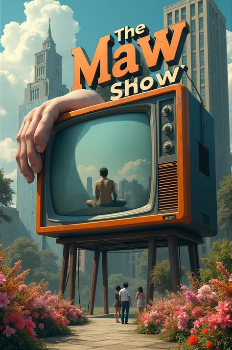 I want one like this an image of a TV a giant thumb tied to a building some people watching inside the TV I want someone sitting and behind some flowers under the TV a giant title called The Maw Show