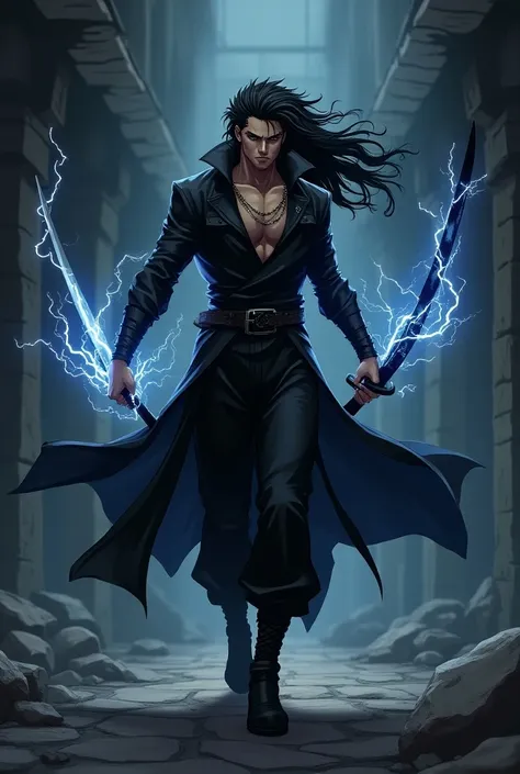 A anime character wears black colour clothes like Indian superhero and his hair like gojo and he had a badass body and he was in badass pose and he was walking in dungeon with a ultimate destructive lightning sword