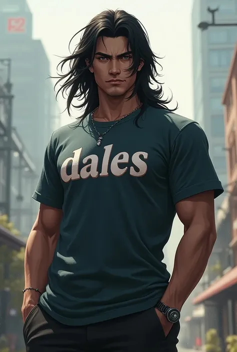 Make an image of champion Yasuo from the League of Legends game wearing a t-shirt written on it "Dales "
