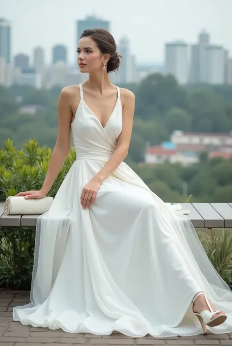 araffe sitting on a bench in a white dress with a purse, wearing heels and white dress , a beautiful woman dressed in white, In the city, wearing a short white wet dress, vestida de un hermoso blanco, wearing white dress , sexy dress, wearing a cute white ...