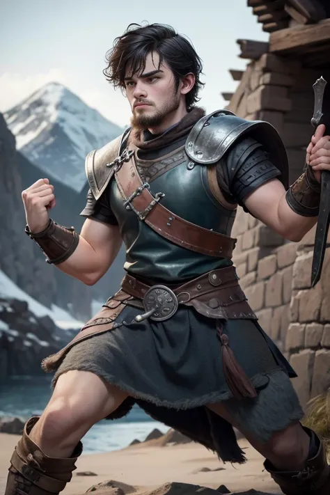 young 18 years old, viking, Viking culture, training, Game of Thrones style,  short hair with bangs  , machista, masculine.