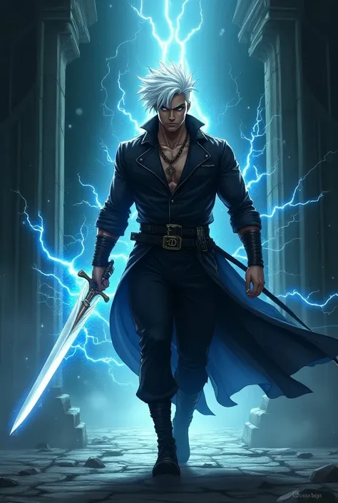 A anime character wears black colour clothes like Indian superhero and he had white colour hair and his hair like gojo and he had a badass body and he was in badass pose and he was walking in dungeon with a ultimate destructive lightning sword 