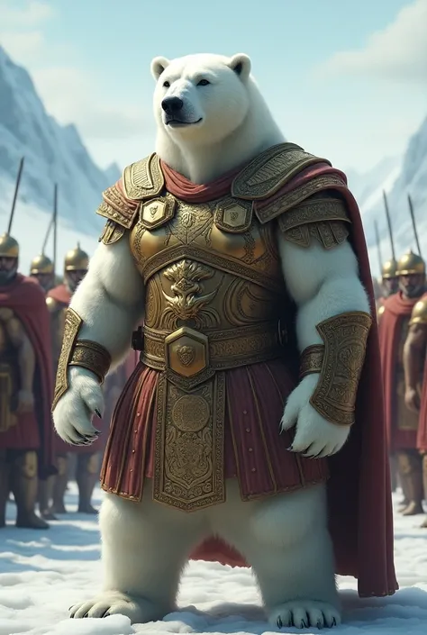 Polar bear in Greek Roman army costumes with helmet
