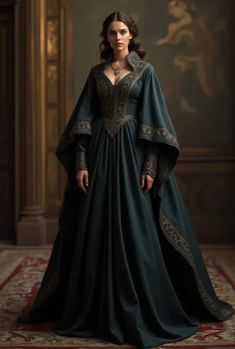 a medieval-inspired gown, featuring intricate detailing and a rich, elegant design. The dress is predominantly dark grey . The long sleeves are flared, with ornate patterns around the cuffs, echoing the luxurious embellishments along the borders of the gow...