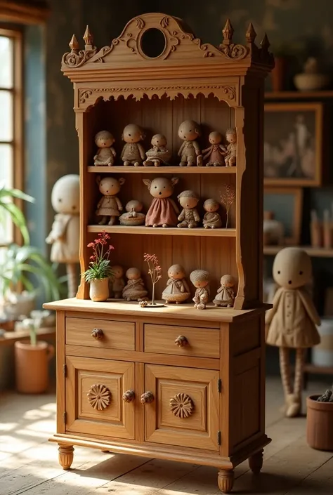 Wooden furniture studio top part two drawers and shelves with different shapes for dolls 
