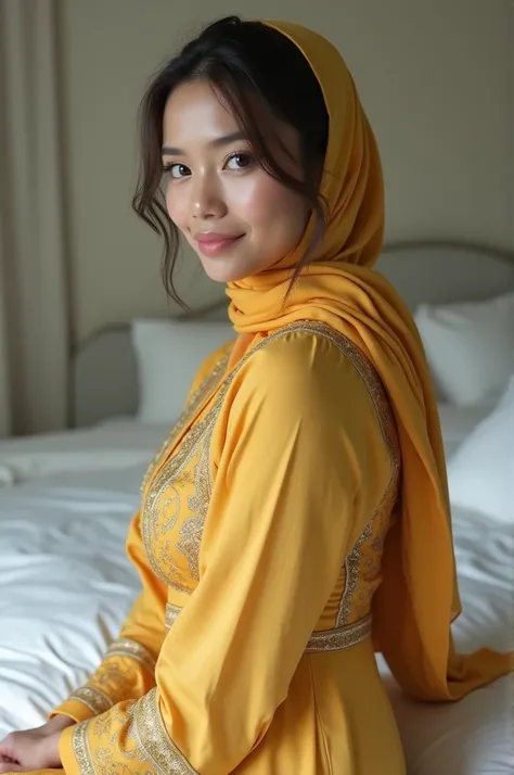 40 year old Indonesian housewife, very beautiful natural face, plump, very big tits, wearing a thin yellow dress with soft material and intricate patterns, leaning back wearing a hijab, thighs visible
Background, very realistic white bed, high contrast, hi...