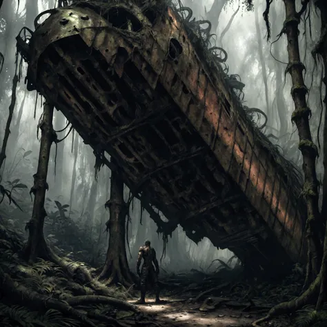 a rusting abandoned ship in a dense forest, highly detailed, 8K resolution, photorealistic, dramatic lighting, grungy atmosphere, overgrown plants, moss-covered hull, peeling paint, rust textures, snake scales, muscular python bodies, menacing glares, dram...