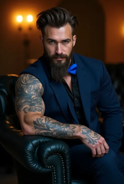  Attractive man with short brown hair , with wavy tips, Long hipster beard with mustache pointing upwards, Blue eyes,  with freckles on the face and body large and marked muscles, great vices, accentuated abdomen, tattoo all over the arm  ,  suit blue jack...