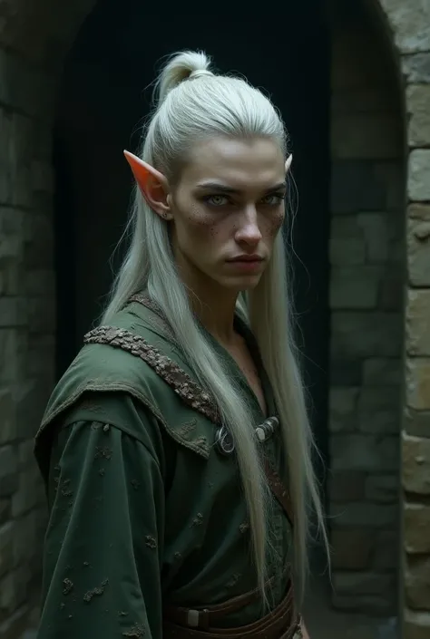 A half-human half elf , He has long silver hair tied together and green eyes apparently 35 years old, Hes stuck in a medieval dungeon, he wears torn clothes and hes all dirty and bruised