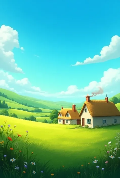 Small village, green field, blue sky