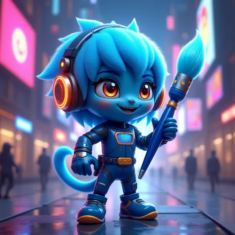  IP with a futuristic concept Design a mascot character ,  giant paintbrushes .  The paintbrush has a cute and playful atmosphere , Sophisticated,  an elongated blue handle with futuristic patterns and glowing ornaments .  have large, fluffy hairs ,  expre...