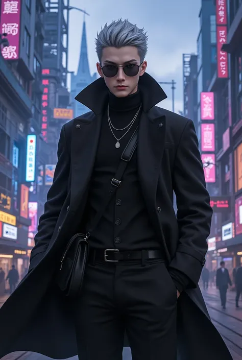  a stylish young man with sharp silver hair ,  and wearing a black overcoat and dark sunglasses anime animation, realistic cyberpunk