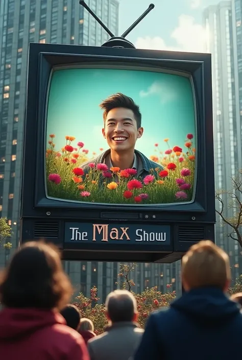 A giant modern TV stuck in a building opposite while downstairs some people are watching everything that is happening and inside on the TV a person smiling forward at us was going after it a field of flowers and underneath the modern TV the title called th...