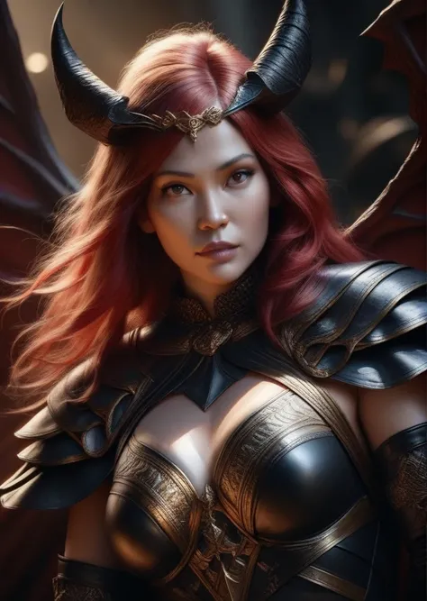 a demonic-looking woman with long, vibrant red hair, black and red curved horns, and dark red bat-like wings, wearing a detailed black armor with golden ornaments that reveals part of her bust, holding a shimmering sword wrapped in blue magical flames, her...