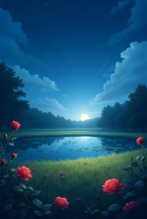 Cover on lawn at night starry sky shooting star moonlight red roses in the distance a pond with water lilies romantic