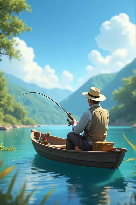 person on sunny day boat fishing realistic image