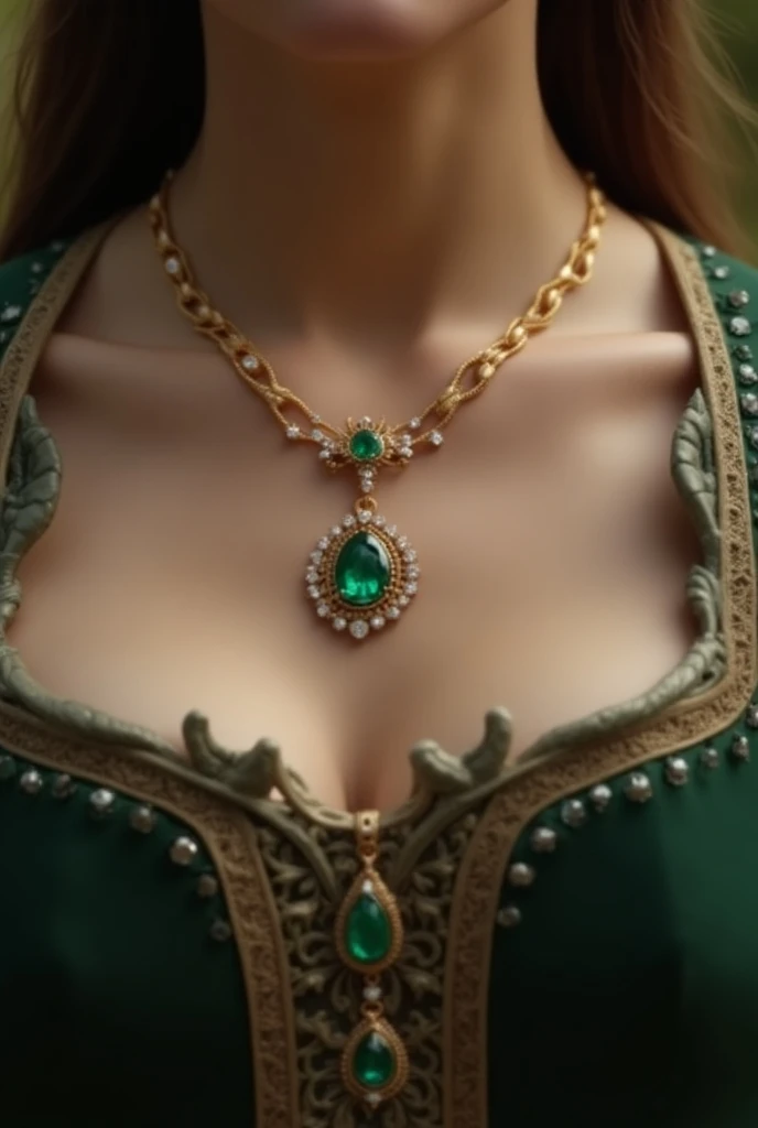  make a medieval necklace , a little minimalist, of gold and emerald .  It must be something never seen before,  and adorned with small diamonds scarce around the chain. It should look realistic and ostentatious ,  on the neck of a lady wearing a corset . ...