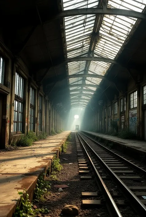  Rusty tracks cross the interior of a deserted train station,  where the high glass ceilings are broken ,  allowing rain and vegetation to enter .  The old bulletin boards are broken ,  and the old waiting rooms are empty and dusty . Modern graffiti covers...