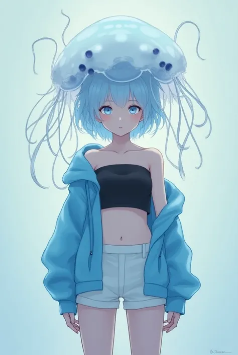 Anime Style、Neutral face、 light blue short hair、Pale eyes、jellyfish headgear 、Umbilical cord、Black tube top、translucent blue outerwear 、 translucent white shorts