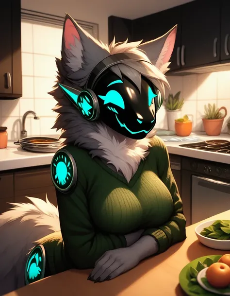 furry, protogen, female protogen, sexy, large breasts, fluffy, gray fur, straight visor, wearing a dark green turtle neck sweater on a naked body, kitchen, sitting down, smiling, tail curled