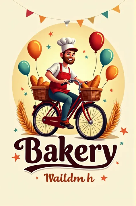 Logotype 
-  **name**: " My Family Bakery "
- **Imagen principal**:  A smiling baker riding a bicycle .  The bicycle has a front basket full of breads and pastries ,  and the baker wears a chefs hat and an apron .
- **Typography**:  The typography is frien...