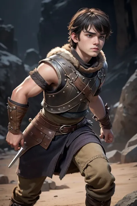 young 18 years old, viking, Viking culture, training, Game of Thrones style,  short hair with bangs  , machista, masculine.