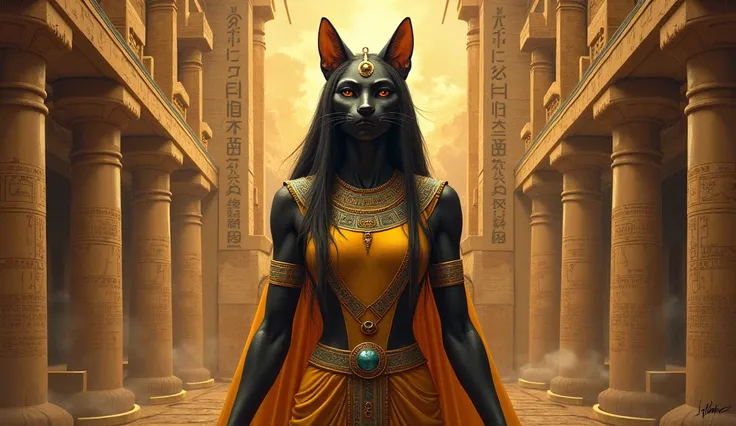 The image of the goddess Bastet ,  dressed in an ancient Egyptian outfit ,  with the head of a cat or lioness ,  standing among symbols of strength and mercy.