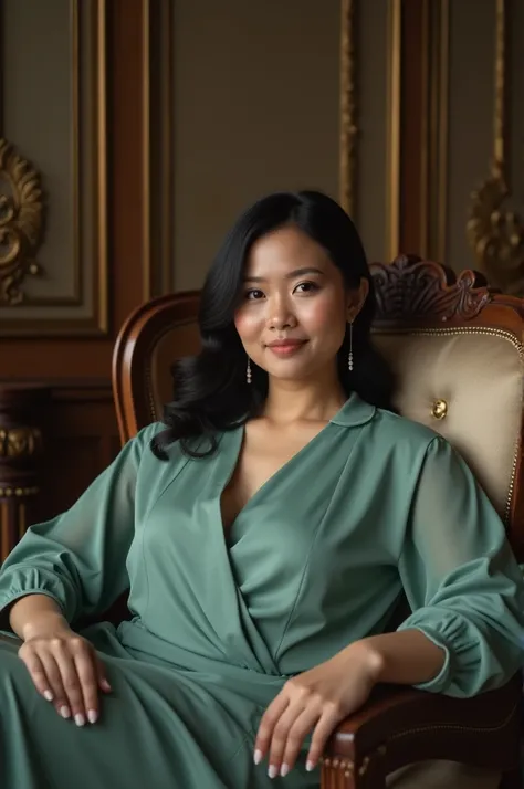 In an elegant living room , the atmosphere feels intimate . An indonesian woman with a body shape looks full and curvy,  sits gracefully on a plush chair with classical carvings and intricate kurai ornament details, She is wearing a slightly bluish light g...