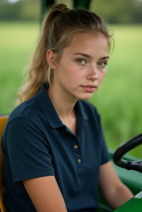 Heres a Midjourney prompt to recreate the provided image:

Photorealistic portrait of a young woman with blonde hair in a ponytail, fair skin, and light freckles, sitting in a green tractor. Shes wearing a dark blue short-sleeved polo shirt. The background...