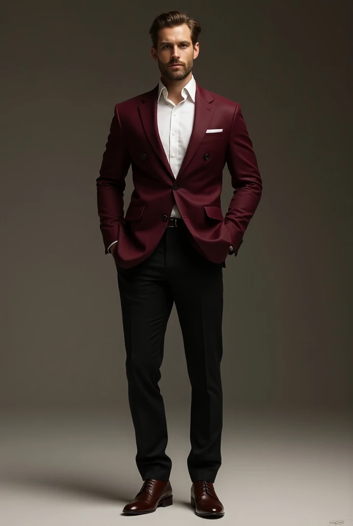 Create a men with only maroon blazers with white shirt black pant with boot 
