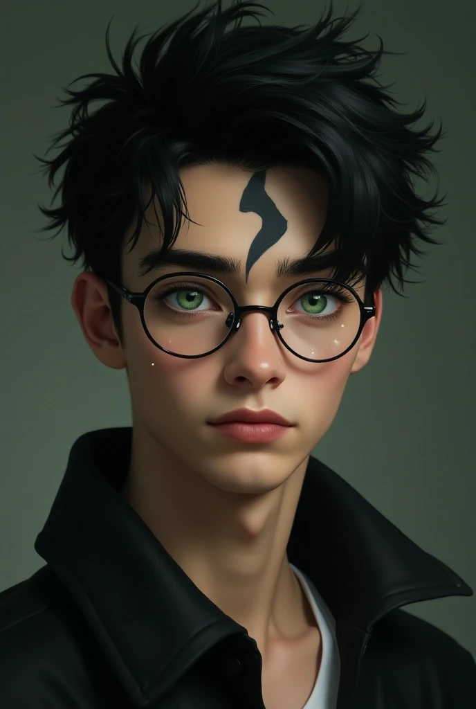 Young man who has messy black hair ,  green eyes and a scar shaped like a ray on his forehead.  He wears round glasses and has an average height , with a thin physique.