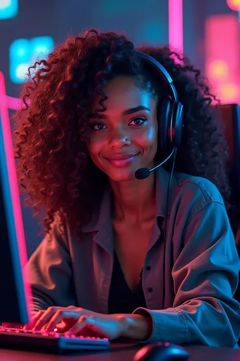 Brown woman with curly hair gamer.