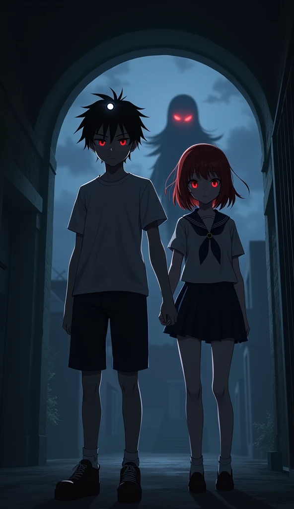  I want a 4K anime-style image with a protagonist with slightly messy black hair, blood-red eyes, that the protagonist is wearing a student outfit and has a girl next to him with red hair, red eyes, is wearing a student outfit, too, the weather is kind of ...