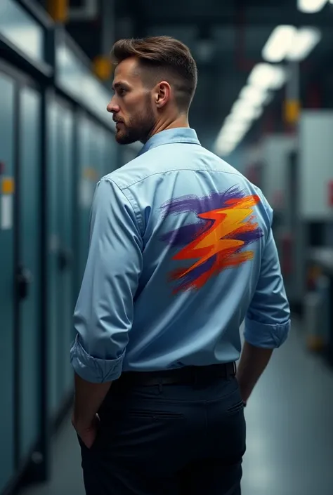 Electrical engineer with FAB logo and brush image on the back of his shirt