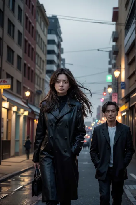 a deserted street,  illuminated only by light poles . A woman walking alone ,  her hair being slightly blown by the wind. In the background, A mysterious man, stopped,  with her intense gaze focused on her .