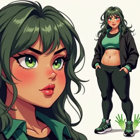 Create chubby woman/  Long wavy and long hair/ green eyes/ green shirt/  Black sports blouse /green gloves/ black leggings/ green sneakers /  Green hand shadow behind / realistic/8k/  high definition/ Heroin/ 