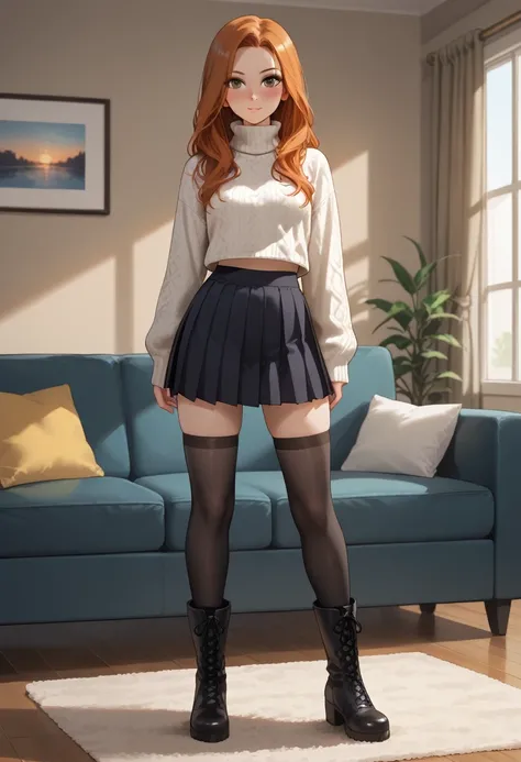 score_9, score_8_up, score_7_up, ((brown eyes, long hair, ginger hair, silky hair, straight hair), blushing), (front view, full body, portrait, (wooly sweater, tight, fully clothed, black pleated skirt, black stockings, casual outfit), living room, indoors...