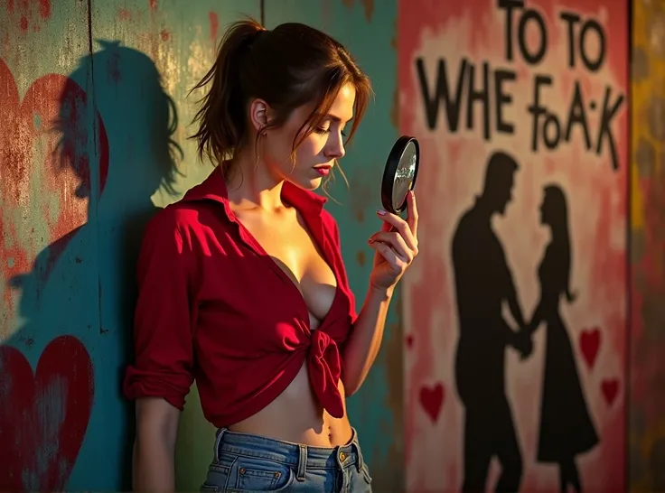 Slovak slavic girl, brunette, slim, 20-year-old, with large tits in a red open shirt, jeans, beautiful, short ponytail, preparing for a date with a hand held mirror, all lights on the subject, colorful grafitti wall with text "WIFE TO FUCK", painted black ...